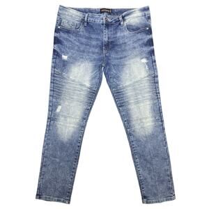 Southpole Skinny Moto Jeans Men’s 36x30 Blue Distressed Ribbed Biker Denim